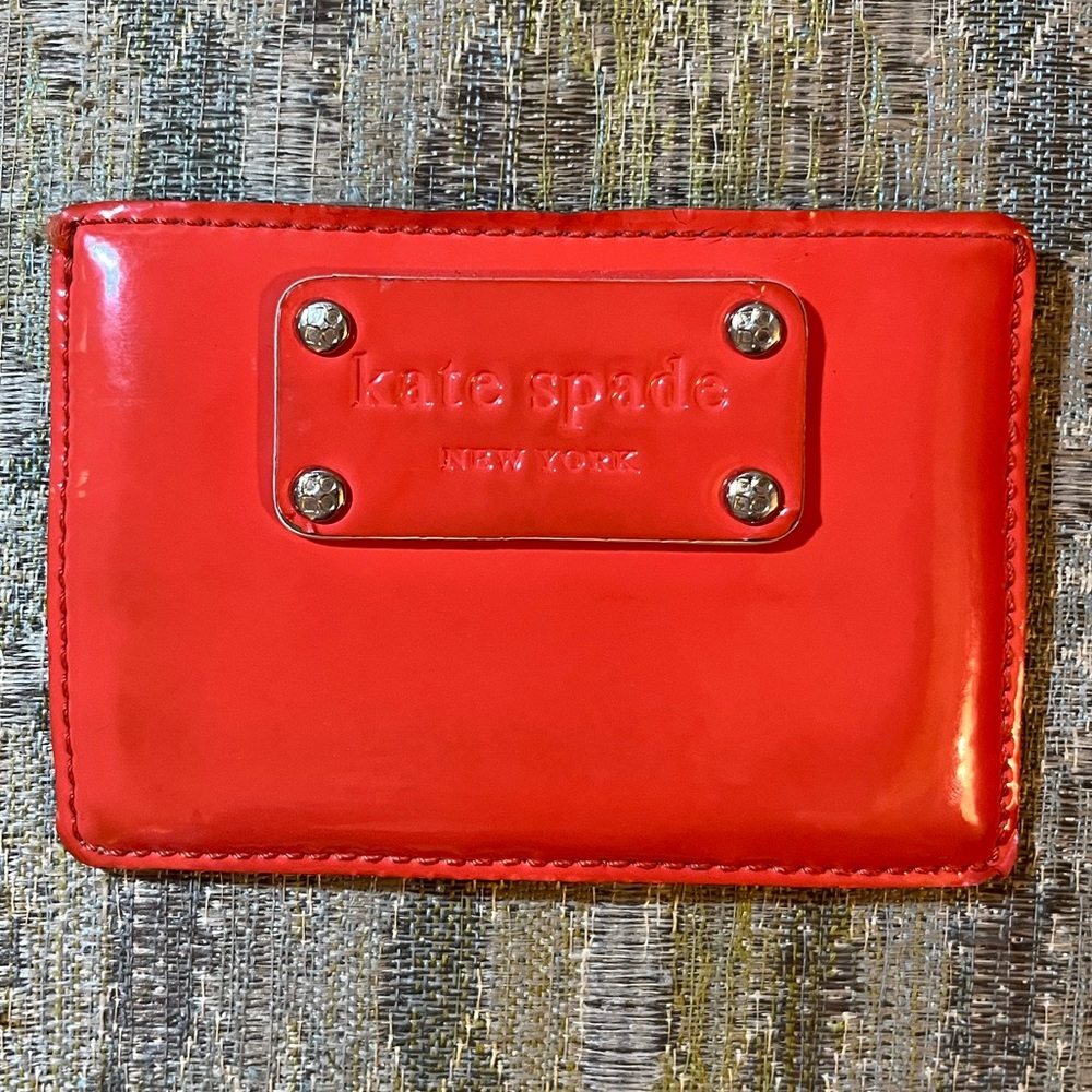 KATE SPADE Card Holder/Small Wallet, Coral Patent Leather + Light-Tan Leather